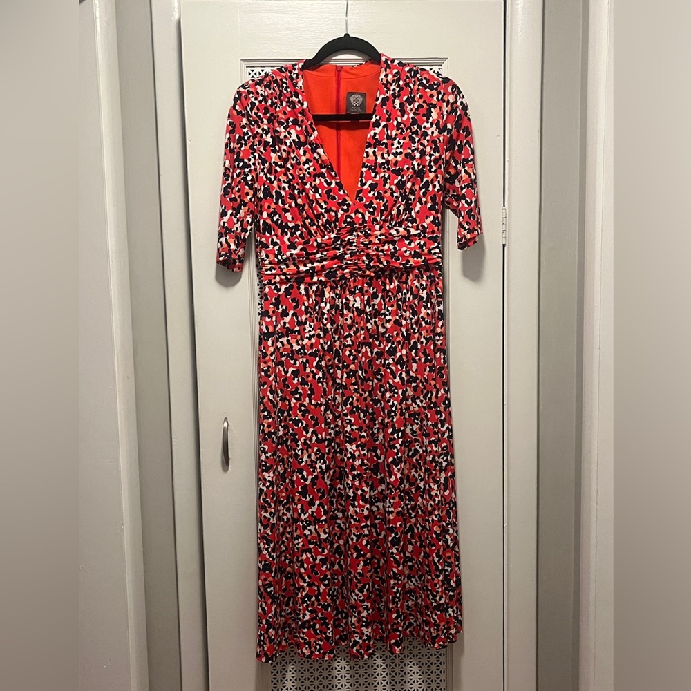 Vince Camuto Red and Black Abstract Midi Dress
